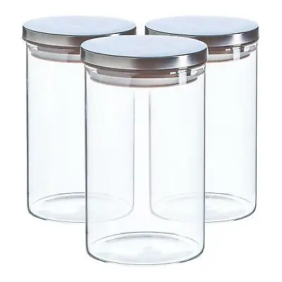 £12.99 • Buy 3x Glass Storage Jar With Metal Lids Modern Kitchen Food Storage 1 Litre Silver