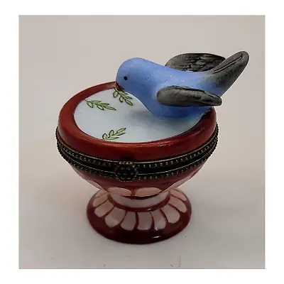 Blue Bird On Burgandy Birdbath Hinged Trinket Box • $12.60