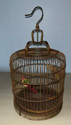 Vintage Chinese Decorative Bamboo Hanging Bird Cage With 2 Decorative Parakeets • $39.99