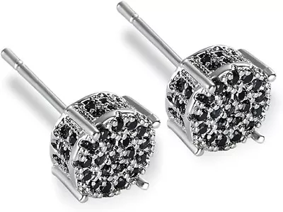 Micro Pave 14K White Gold Plated Black Cubic Zirconia Men Women Cluster Earrings • $10.95