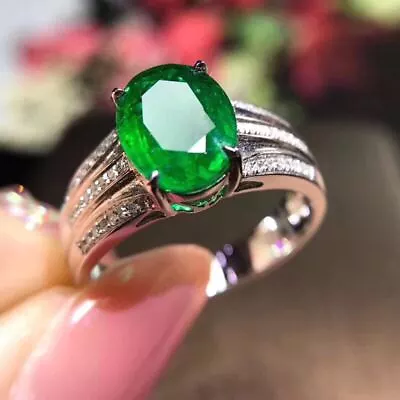 Certified Natural Colombian Emerald Ring 925 Sterling Silver White Women Gift • £56.99