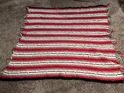Vtg Crochet Afghan Red Black White Gray Blanket Throw Fringe Southwestern Tribal • $0.99