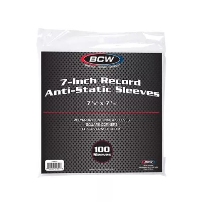 BCW 7-Inch Record Anti-Static Sleeves 100 Pack 7 1/8  X 7 1/8  Fits 45 RPM • $10.99