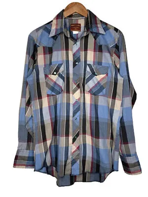 Vintage Rustler Pearl Snap Western Shirt Blue Tan + Red Plaid Mens 15 1/2  34/35 • $15