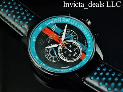 Invicta Men's 48mm S1 Rally TURBO Chronograph Blue & Black Dial Leather Watch • $64.99