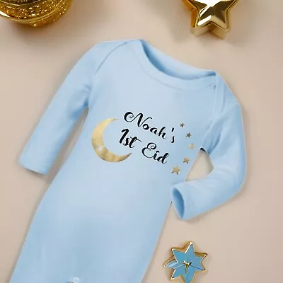 Boys  Personalised Gold First Eid Romper Suit Baby Muslim Islam Celebration • £13.99