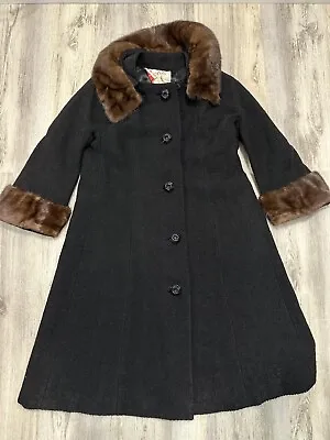 Vintage LORELL Field’s Womens Sz M Textured Wool Long Swing Coat Mink Fur Collar • $93.92