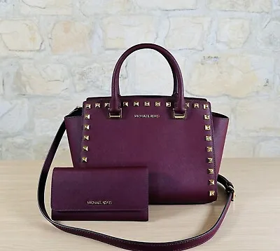 MICHAEL KORS Selma Stud Leather Top Zip MD Satchel Bag Merlot/Wallet Option • $199