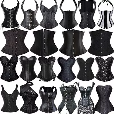 Women Black Punk Boned Waist Training Shaper Corset Overbust Lace Up Bustier Top • $35.79