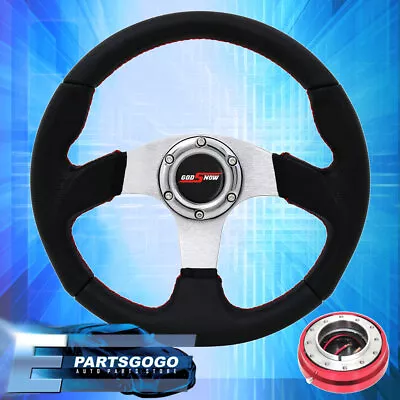 6 Bolt Leather Silver Center Steering Wheel+Silver Slim Quick Release Universal • $47.99