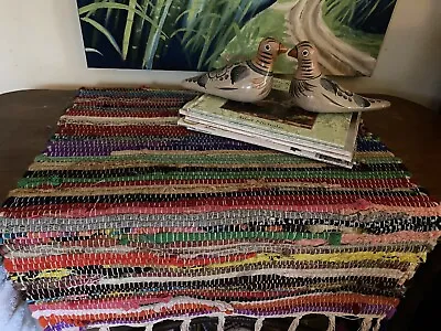 $20 • Buy Small Multicolored Woven Rag Rug Rainbow Striped Vintage Colorful  21” X 33”