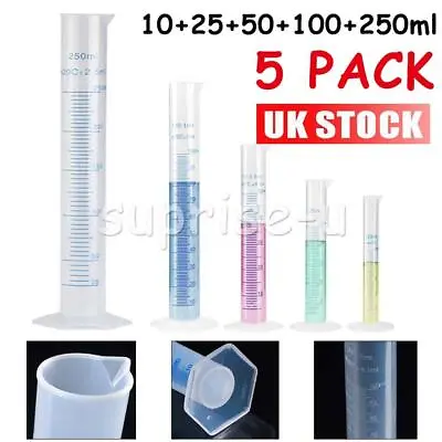 5pcs Plastic Measuring Cylinder Laboratory Test Graduated Trial Liquid Tube • £11.05