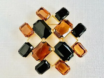 Huge Vintage 1980 Gold Plated Statement Matrix Brooch Art Deco Style Topaz Black • £35