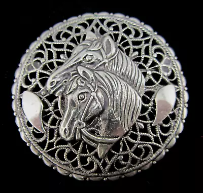 Vintage Filigree Brooch W/ Horses Made In West Germany Silver Tone Metal • $15.29