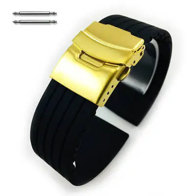 Black Rubber Silicone Replacement Watch Band Strap Gold Double Lock Buckle 4011G • $14.95
