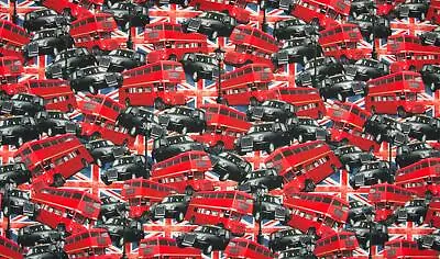 Luxury Digital Printed Cotton Jersey Fabric Material - LONDON BUSES & TAXIS • £149.99