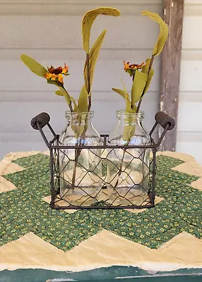 Primitive Chicken Wire Basket With 2 Glass Bottles/vases Farmhouse • $8.99