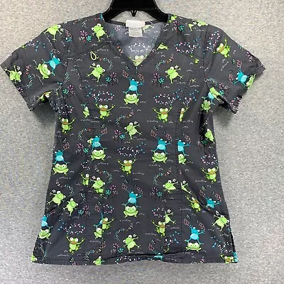 Scrubstar Womens Scrub Top X-Small Gray Frog Floral Print Short Sleeve V-Neck • $9.67