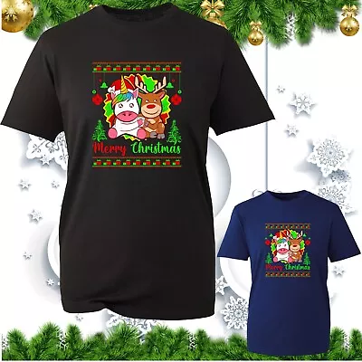 Merry Christmas Unicorn & Reindeer T-Shirt Funny Xmas Cute Unicorn Festive Gifts • £9.99