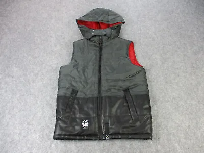 Lifted Research Group LRG Vest Mens Medium Gray Black Puffer Faux Leather Hooded • $39.96