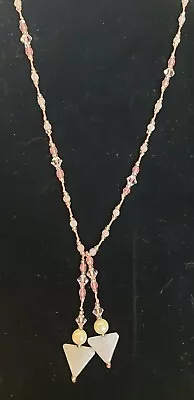 Vintage Tie Style 16  Necklace Pink Crystals/rose Quartz/faux Pearls Hand Knot • $14.99