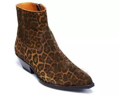 Mens Casual Pointed Toe Chunky Heels Ankle Boots Chelsea Boots Leopard Shoes • $82.64