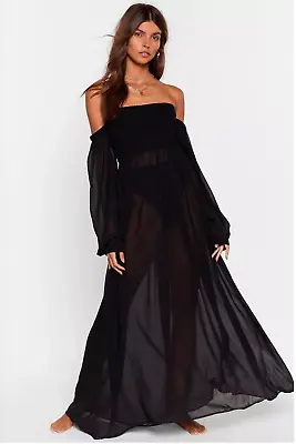 NASTY GAL  Sheer At The Beach  Cover-Up Black Maxi Dress Off Shoudler Women's 4 • $25