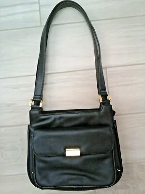 Black Genuine Leather Multi Pocket Double Strap Shoulder Handbag    Size M  10x8 • $30