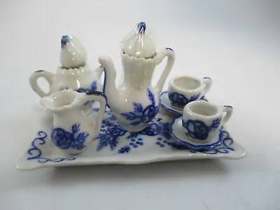 Vintage Dollhouse Miniature Tea Set Blue And White Porcelain NOS 8-Piece • $5