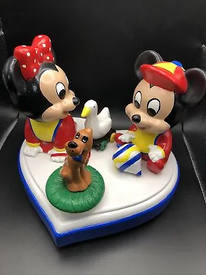 Vintage Disney Babies Mickey-Minnie Mouse-Pluto Heart Shaped Ceramic Music Box • $17.49