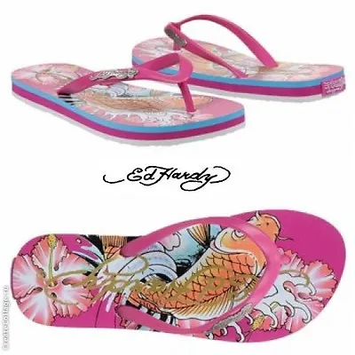 Ed Hardy Cancun Fuchsia Thong Sandals Beach Pool Stylish Pink Flip Flops US 5  • $31.41