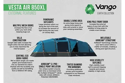 Vango Vesta AIR 850XL Inflatable 8 Berth Tunnel Tent & Groundsheet Package • £799