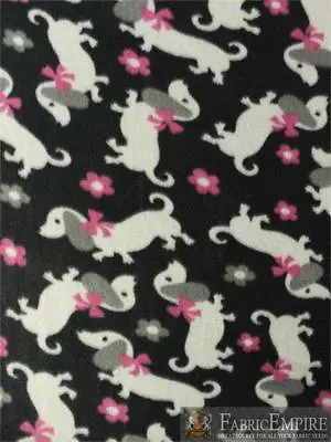 Fleece Fabric Printed ANTI PILL DACHSHUND PUPPY FLORAL BLACK BACKGROUND /58w BTY • $4.89