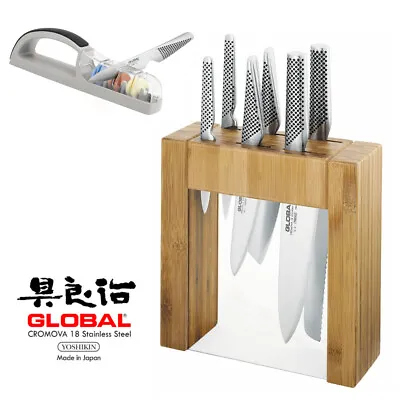 New Global Ikasu 7pc Knife Block Set + Bonus 3 Stage Mino Sharpener • $499.40