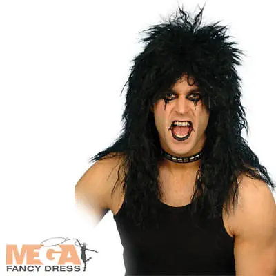 Hard Rocker Black Wig Fancy Dress 1980s Rock Star Celebrity Costume 80s Mens Wig • £11.99