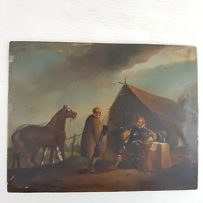 Antique Small Oil Painting On Metal Of A Military Scene With Horses • £269