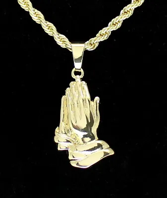 14k Gold Plated Praying Hands Pendant Cz 24  Rope Chain Hip Hop Necklace • $9.99