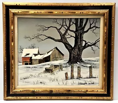H. HARGROVE Oil Painting Winter Farm Barn Signed Canvas Vintage 28” X 32” Framed • $195