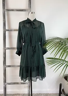 Veronika Maine Green Houndstooth Frill Hemline Neck Tie Dress With Slip - Size 8 • $55