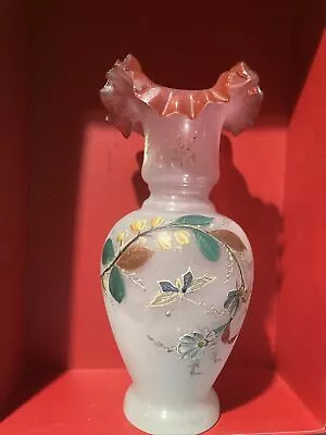 Antique Victorian Cranberry Bristol Glass Hand Painted Butterfly 9” Ruffled Vase • $17.99