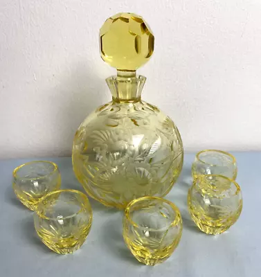 Stunning Bohemia Moser Liquor Decanter + Five Glasses Heavy Cut &Faceted Crystal • $287.99