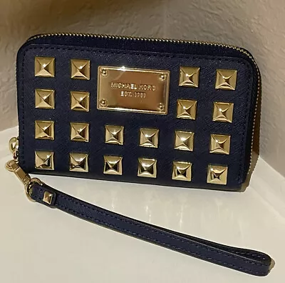 NWOT Michael Kors Navy And Gold Studded Grayson Wristlet Small Clutch • $119.99