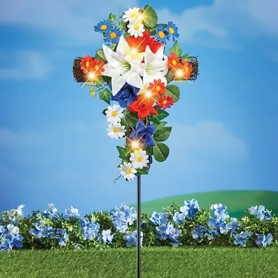 Solar Lighted Patriotic Floral Cross Military Memorial Gravesite Garden Stake • $39.99