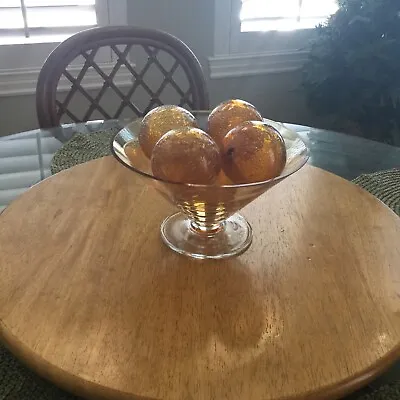 Amber Gold Martini Glass Centerpiece Bowl W/5 - 3  Handblown Bubble Glass Balls. • $45