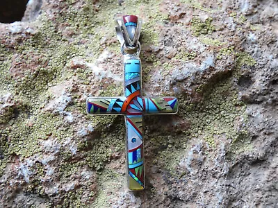 Cross Religion  Micro Inlay Multi Color Gemstone Sterling Silver 925 Pendant O63 • $89.95