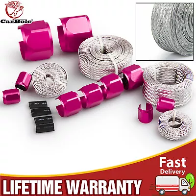 Stainless Steel Braided Engine Hose Line Pipe & Sleeve Sleeving Kit Caps Pink • $27.69