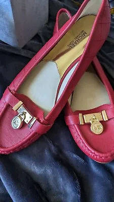 Michael Kors Hamilton Moc Loafers Red Saffiano Leather Gold Logo Sz 7.5 Nice • $24.99