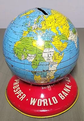 Vintage Ohio Art Co Globe World Bank Tin Toy Coin Savings Metal 4” USA • $14