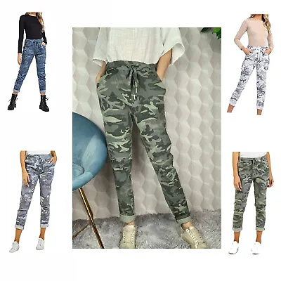 Ladies Women Italian Stretch Camouflage Army Trousers Magic Joggers UK 8-26 • £10.79