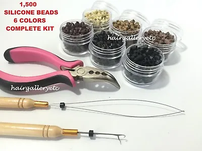 1500 Silicone Micro Rings Beads Feather Hair Extension COMPLETE TOOL KIT HOOK • $34.99